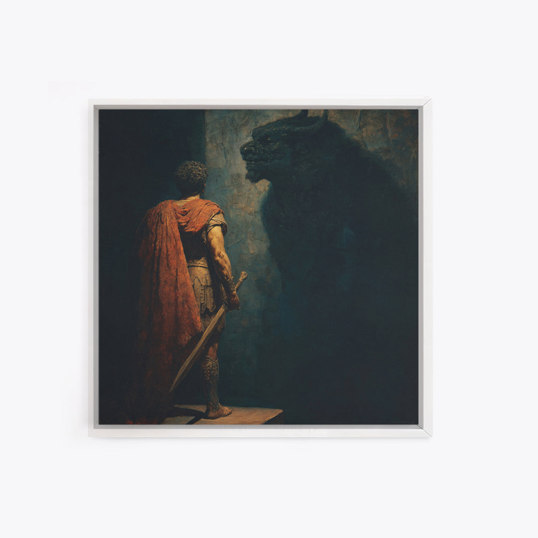 Hero Facing Minotaur In Shadows Canvas Print, Dark Mythology Wall Art, Ancient Greek Fantasy Decor, Dramatic Fine Art Print