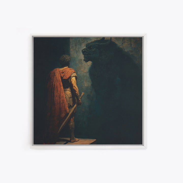 Hero Facing Minotaur In Shadows Canvas Print, Dark Mythology Wall Art, Ancient Greek Fantasy Decor, Dramatic Fine Art Print