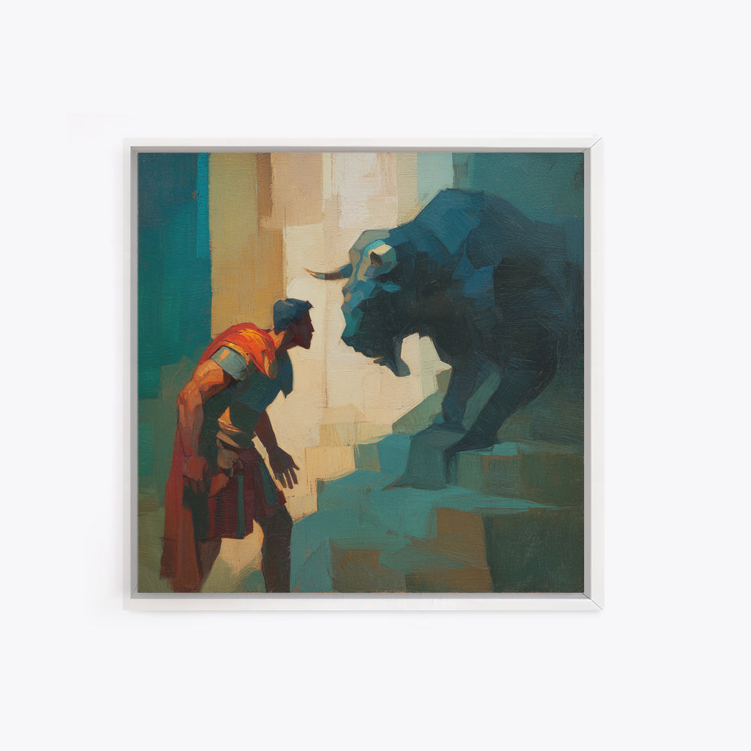 Brave Roman Facing Black Bull Wall Art, Mythological Animal Painting, Bold Modern Canvas For Masculine Office Decor Gift