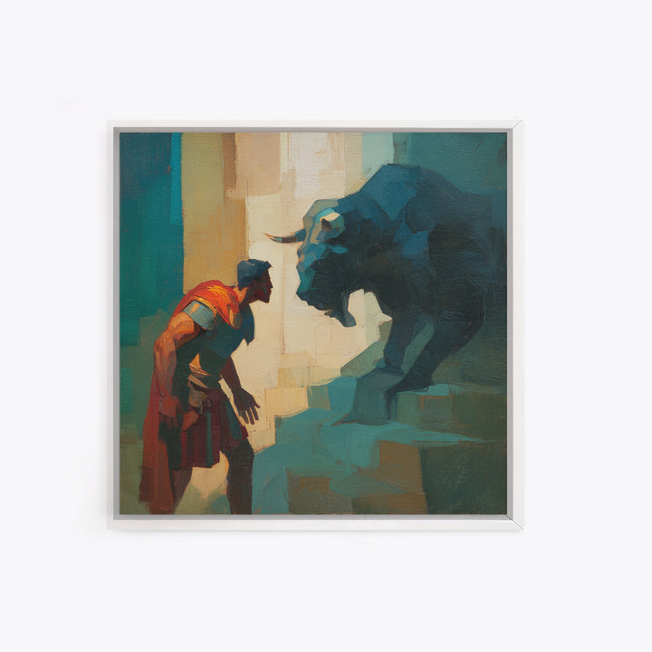 Brave Roman Facing Black Bull Wall Art, Mythological Animal Painting, Bold Modern Canvas For Masculine Office Decor Gift