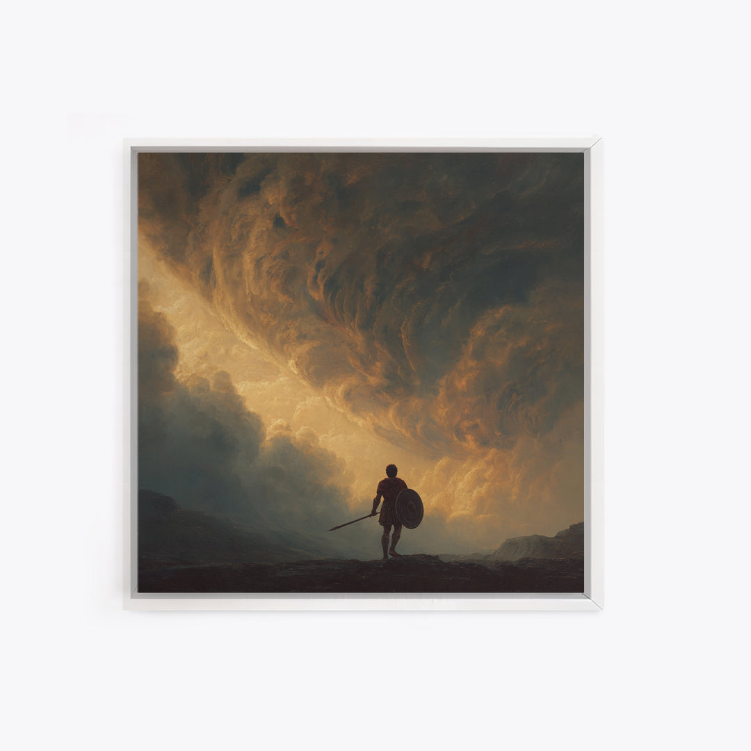 Warrior Beneath Golden Storm Clouds Canvas Print, Epic Fantasy Landscape Painting, Dramatic Wall Decor For Men, Living Room Decor