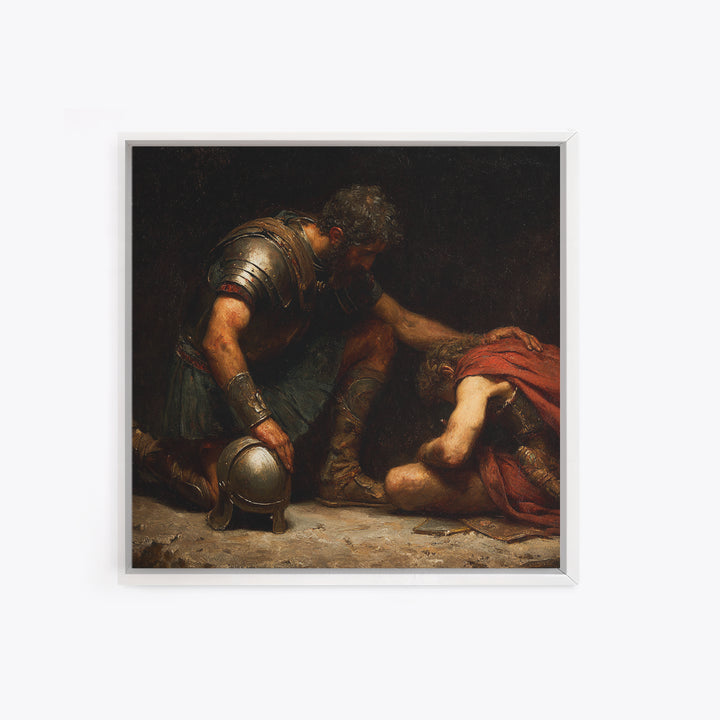 Wounded Ancient Soldier Kneeling By Armored Companion Canvas Print, Classical Wall Art, Mythological Art, Dark Academia Decor