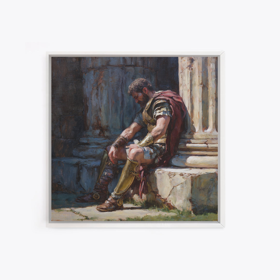 Weary Roman Soldier Resting Beside Columns Framed Canvas Print, Classical Portrait Art, Historical Wall Decor, Gift For Him