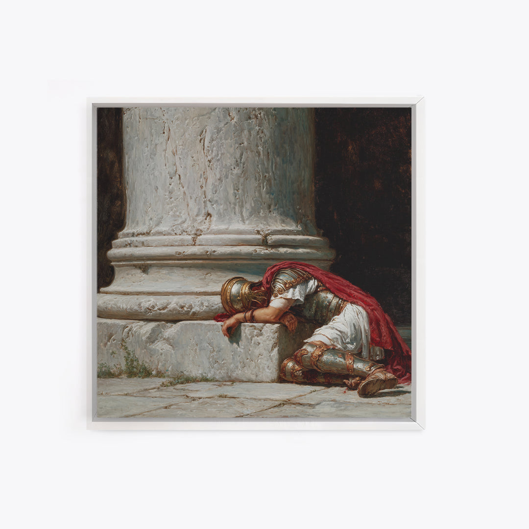 Fallen Roman Soldier Beside Marble Column, Classical Framed Canvas Print, Historical Wall Art, Ancient Rome Decor, Museum Style