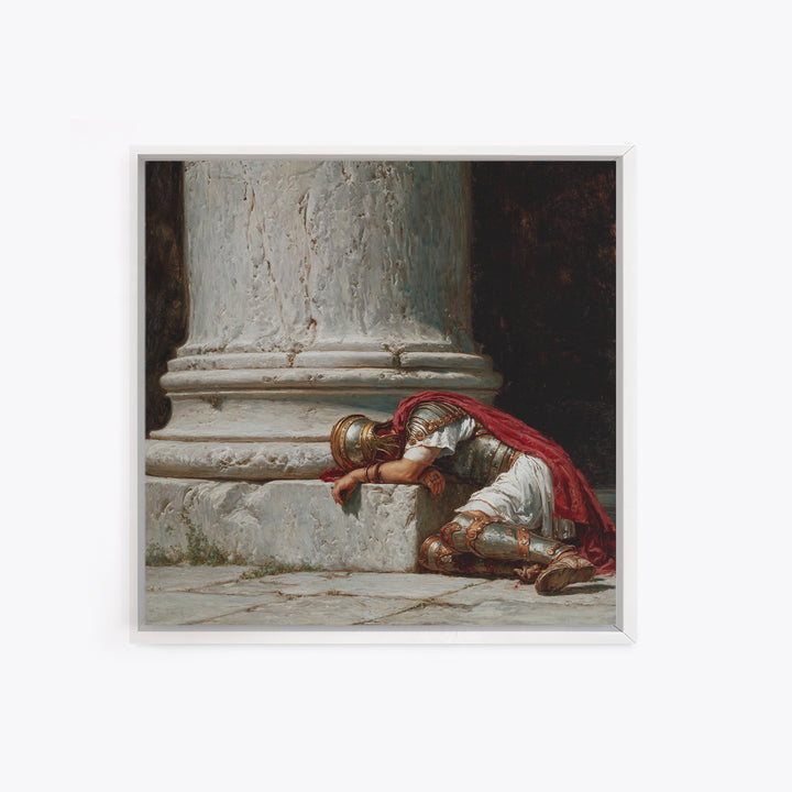 Fallen Roman Soldier Beside Marble Column, Classical Framed Canvas Print, Historical Wall Art, Ancient Rome Decor, Museum Style