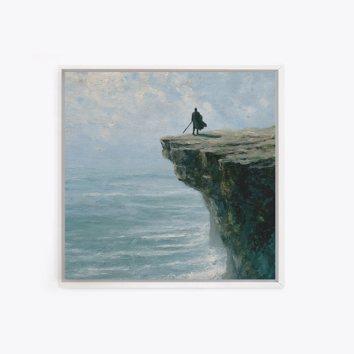 Lone Wanderer On Ocean Cliff Canvas Print, Moody Seascape Landscape Art, Coastal Fantasy Decor, Large Wall Art For Living Room
