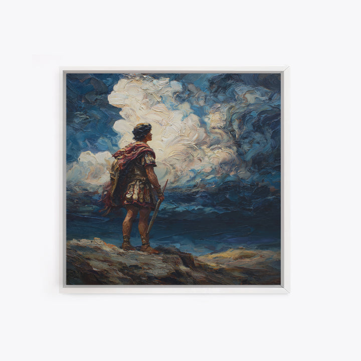 Roman Warrior Under Storm Clouds Framed Canvas Print, Dramatic Mythological Art, Dark Academia Office Decor Gift For Him