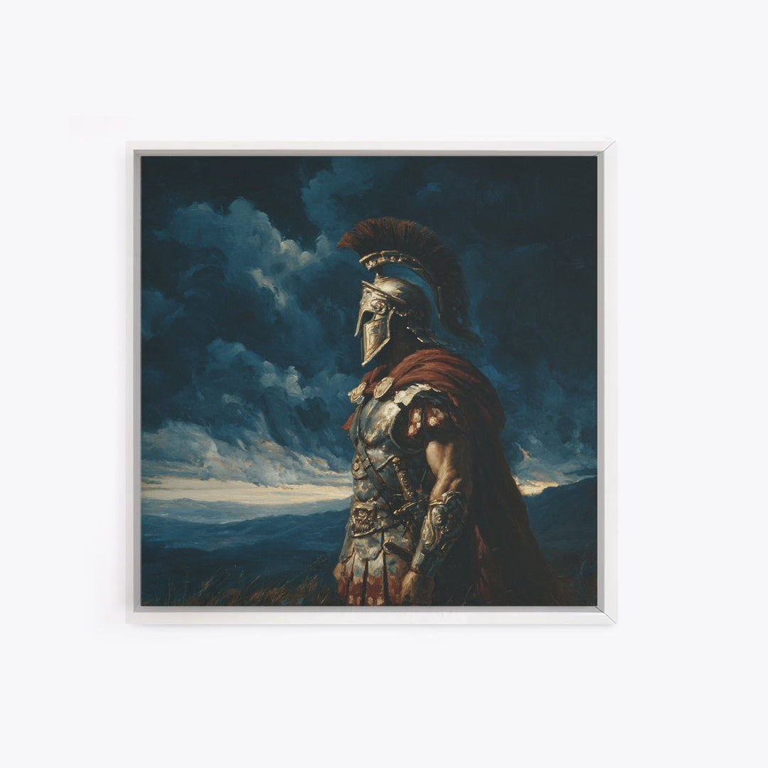 Stoic Roman Warrior Under Storm Clouds Framed Canvas Print, Mythological Art, Dark Academia Decor, Masculine Office Wall Art