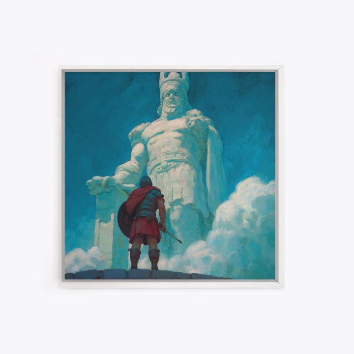 Hero Before Colossal Ancient Statue Framed Canvas Print, Fantasy Wall Art, Mythological Art, Blue Wall Decor, Gift For Him