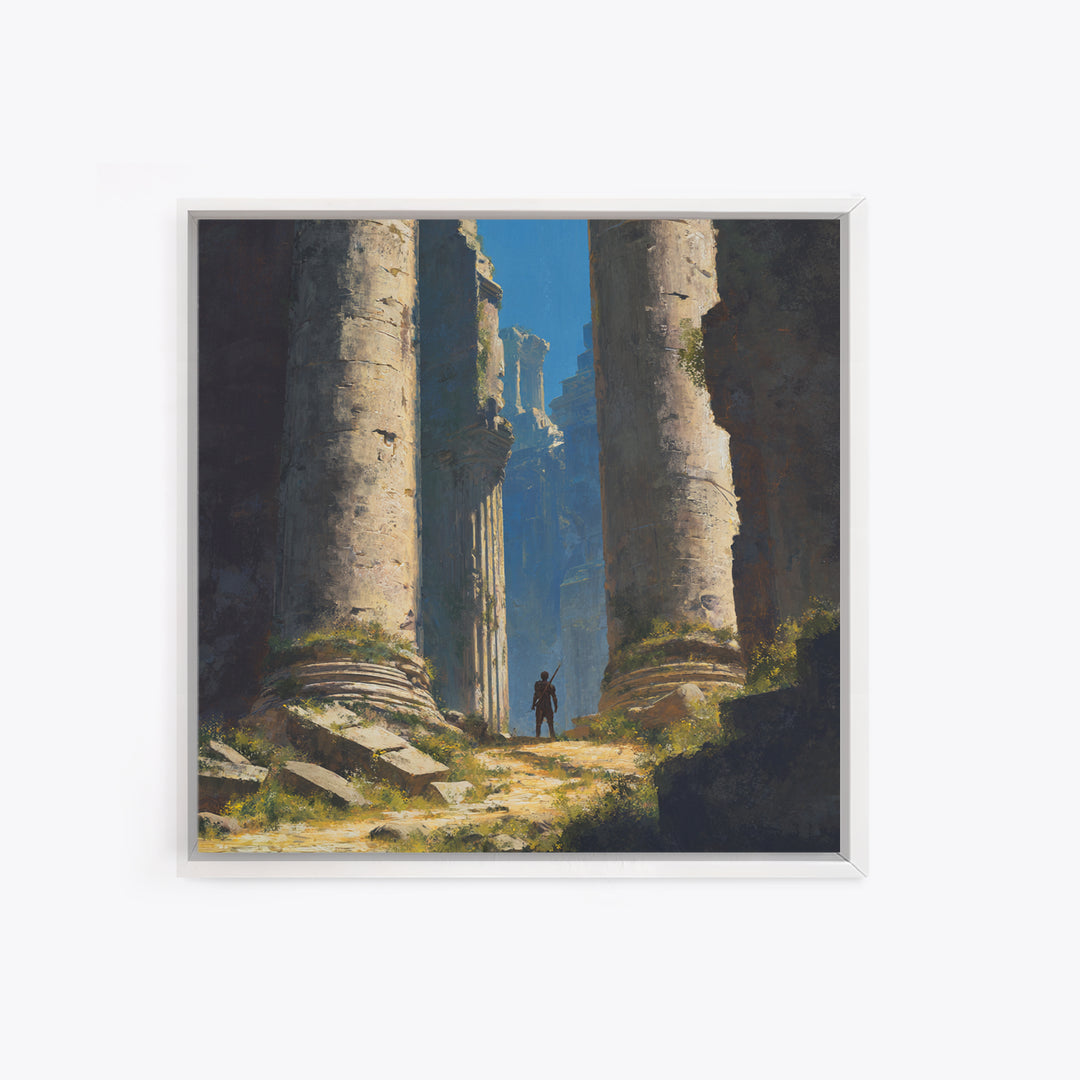 Lone Explorer In Ancient Ruins Wall Art, Fantasy Temple Landscape Painting, Dramatic Architecture Decor, Adventure Gift Idea