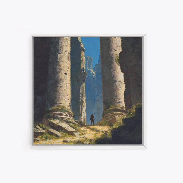 Lone Explorer In Ancient Ruins Wall Art, Fantasy Temple Landscape Painting, Dramatic Architecture Decor, Adventure Gift Idea