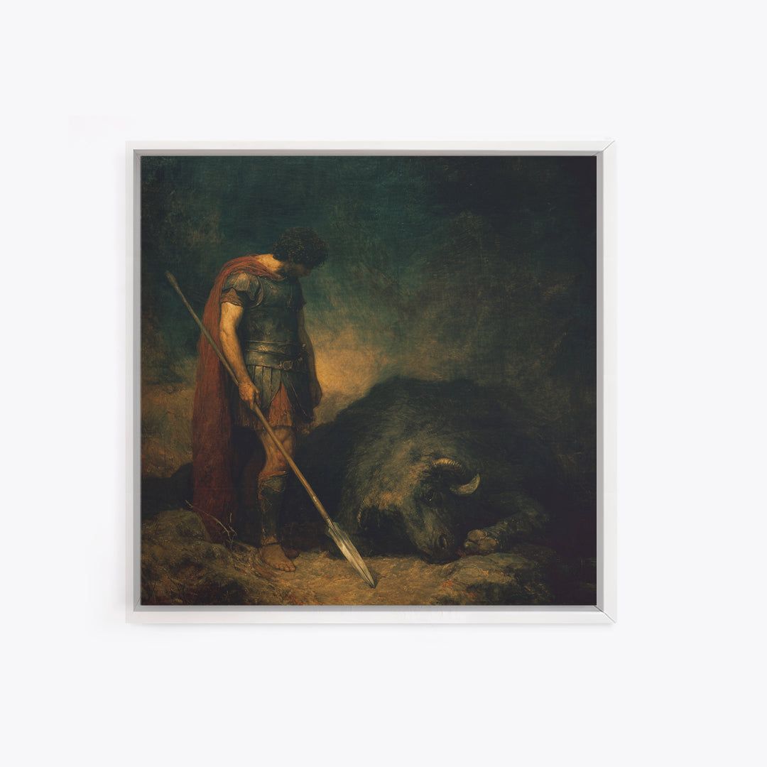 Heroic Spearman Beside Fallen Beast Wall Art, Mythological Warrior Oil Painting, Dark Fantasy Fine Art Print Living Room Decor
