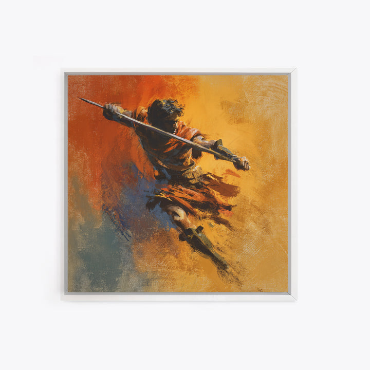 Dynamic Spear Warrior In Orange Canvas Print, Abstract Battle Figure Wall Art, Bold Fantasy Decor, Energetic Statement Art