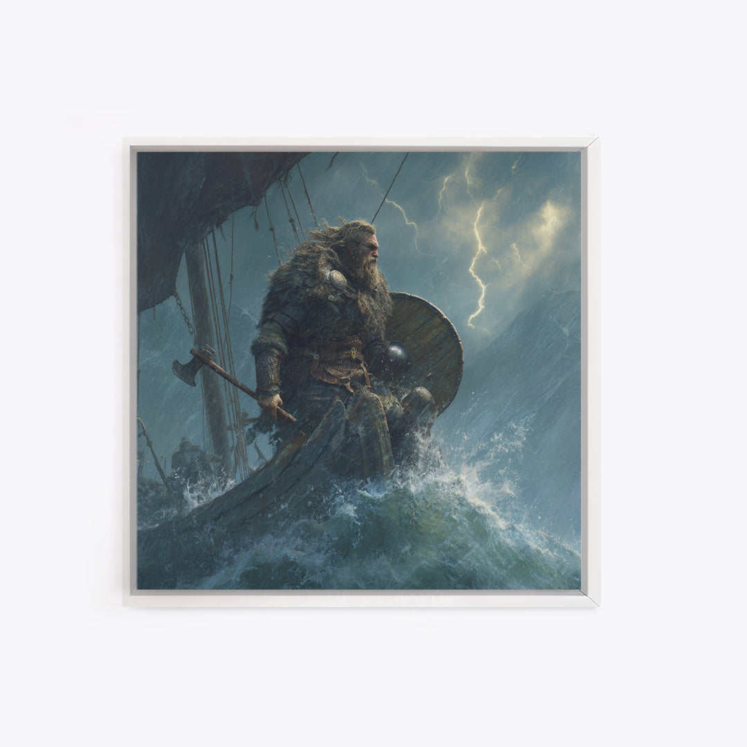 Viking Warrior In Stormy Seas Framed Canvas Print, Norse Mythology Wall Art, Dark Nautical Decor, Gift For Him, Masculine Office Art