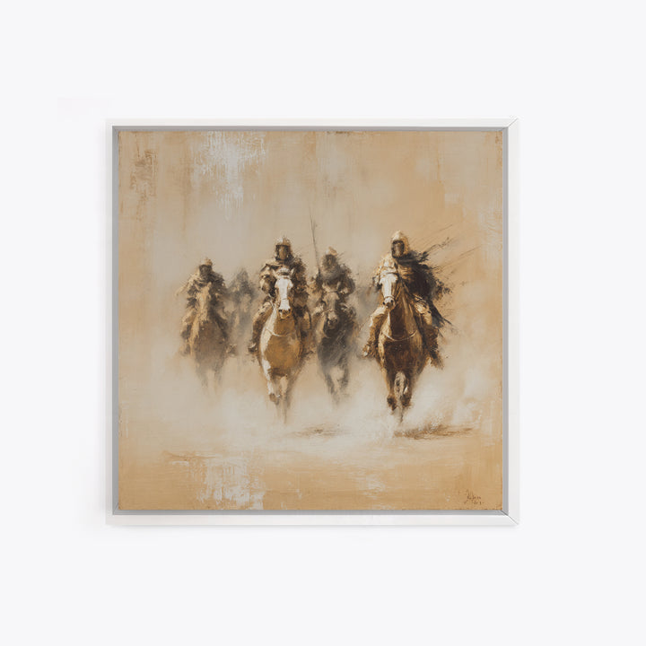 Four Dusty Medieval Horsemen Large Wall Art, Neutral Cavalry Painting, Rustic Western Canvas For Living Room And Office Decor Gift