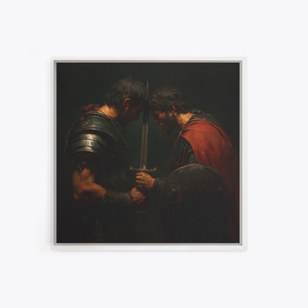 Two Armored Warriors With Sword, Dark Medieval Framed Canvas Print, Masculine Office Decor, Historical Wall Art, Gift For Him