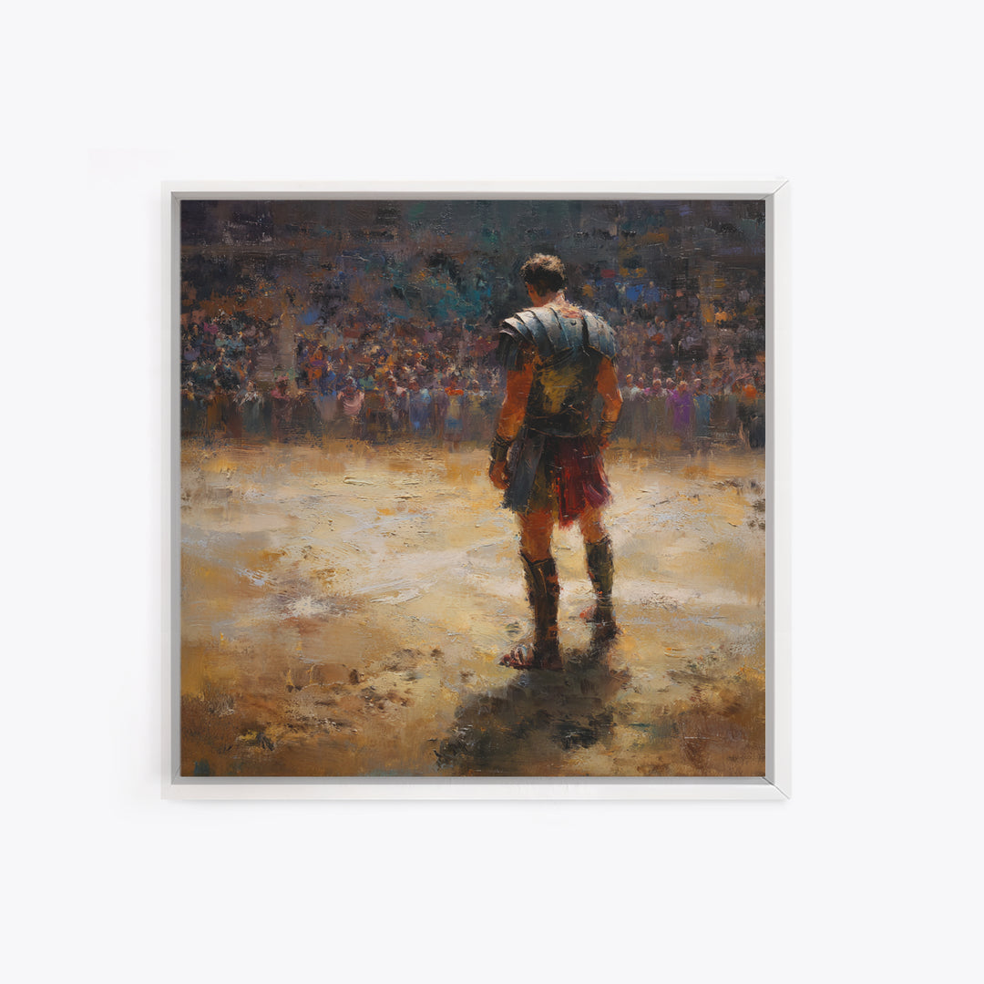 Lone Gladiator In Arena Spotlight Canvas Print, Roman Colosseum Wall Art, Historical Oil Painting, Masculine Office Decor
