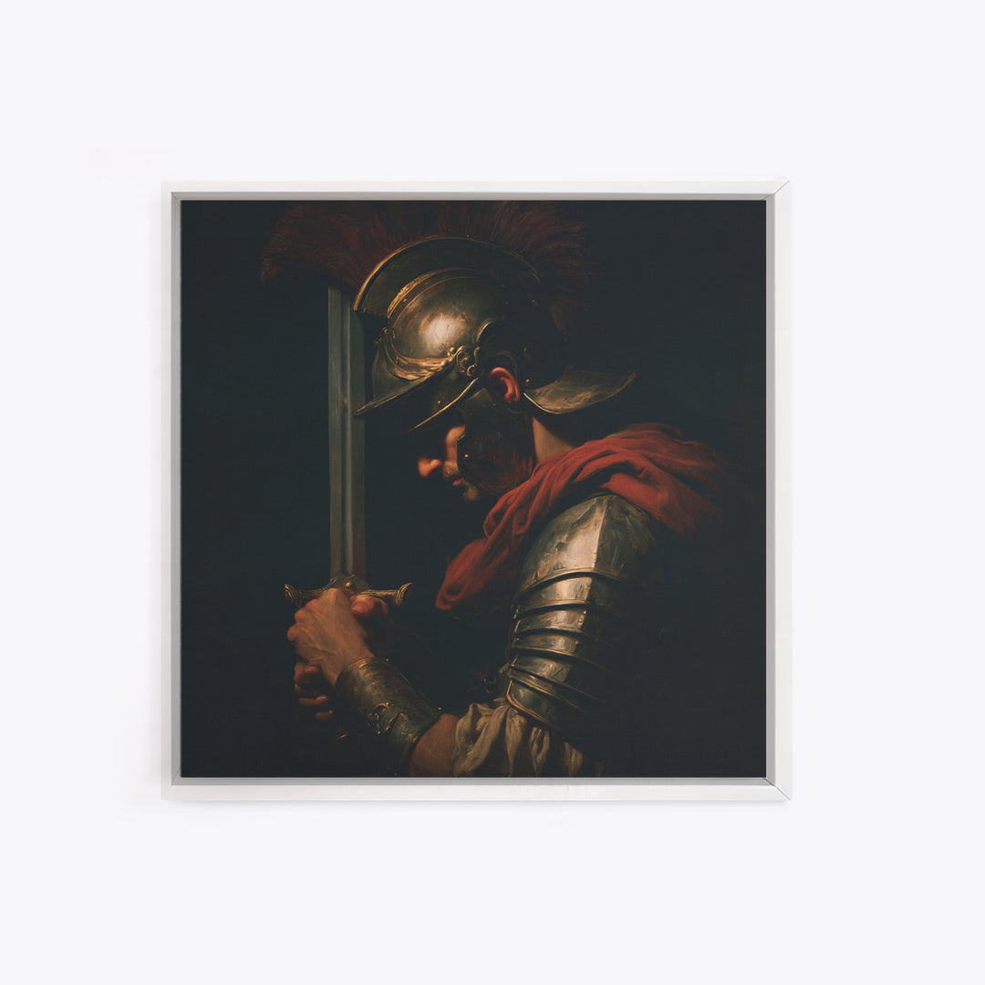 Roman Warrior With Sword And Bronze Helmet Framed Canvas Print, Dark Academia Wall Art, Mythological Art, Gift For Him, Decor