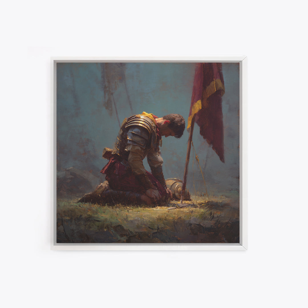 Kneeling Knight With Battle Standard Framed Canvas Print, Medieval Warrior Oil Painting, Dark Academia Wall Decor, Gift For Him
