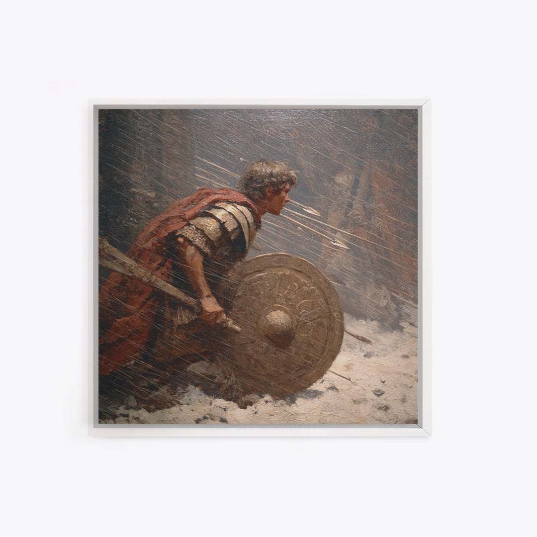 Roman Warrior Under Arrow Fire Wall Art, Snow Battle Shield Painting, Historical Canvas Print For Masculine Office Decor