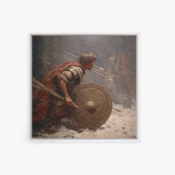 Roman Warrior Under Arrow Fire Wall Art, Snow Battle Shield Painting, Historical Canvas Print For Masculine Office Decor