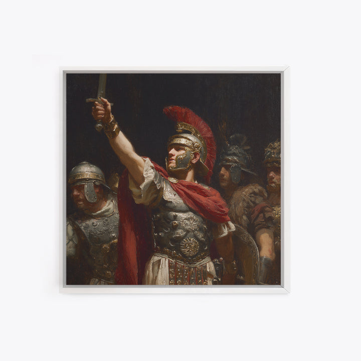 Roman Centurion Raising Sword Wall Art, Classical Warrior Oil Painting, Ancient Rome Decor, Historical Framed Canvas Print