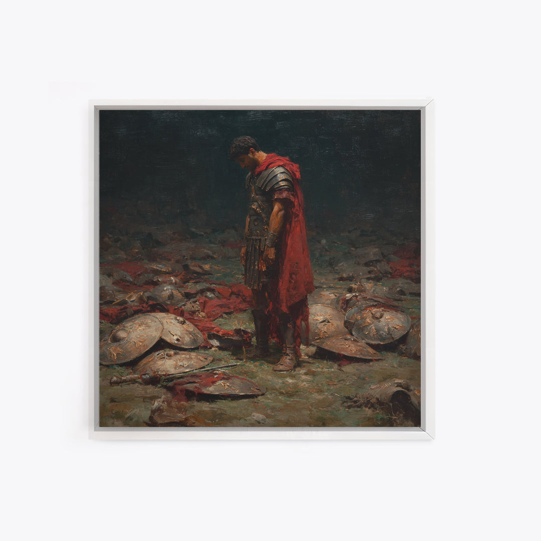 Defeated Roman Soldier Among Shields Framed Canvas Print, Somber Historical Oil Painting, Dark Academia Wall Art Decor Gift