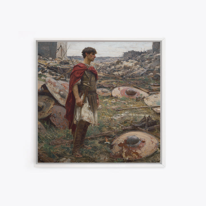 Roman Soldier Among Fallen Shields Wall Art, Ancient Warrior Oil Painting, Classical History Decor, Masculine Living Room Art