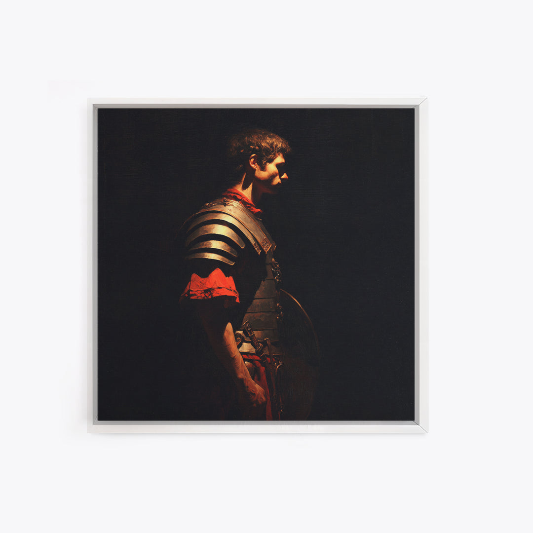Roman Warrior In Shadow Wall Art, Dark Academia Soldier Portrait, Classical Armor Oil Painting For Masculine Office Decor