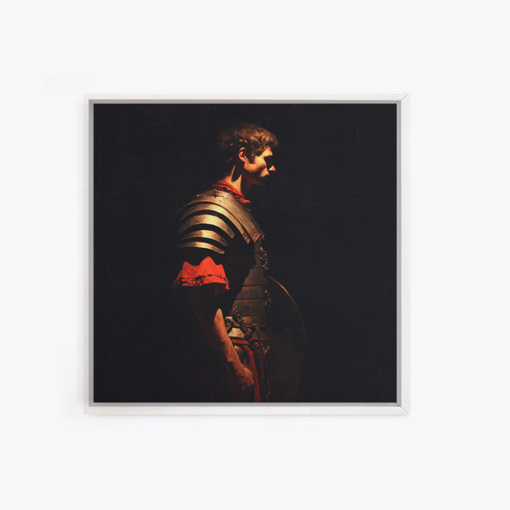 Roman Warrior In Shadow Wall Art, Dark Academia Soldier Portrait, Classical Armor Oil Painting For Masculine Office Decor