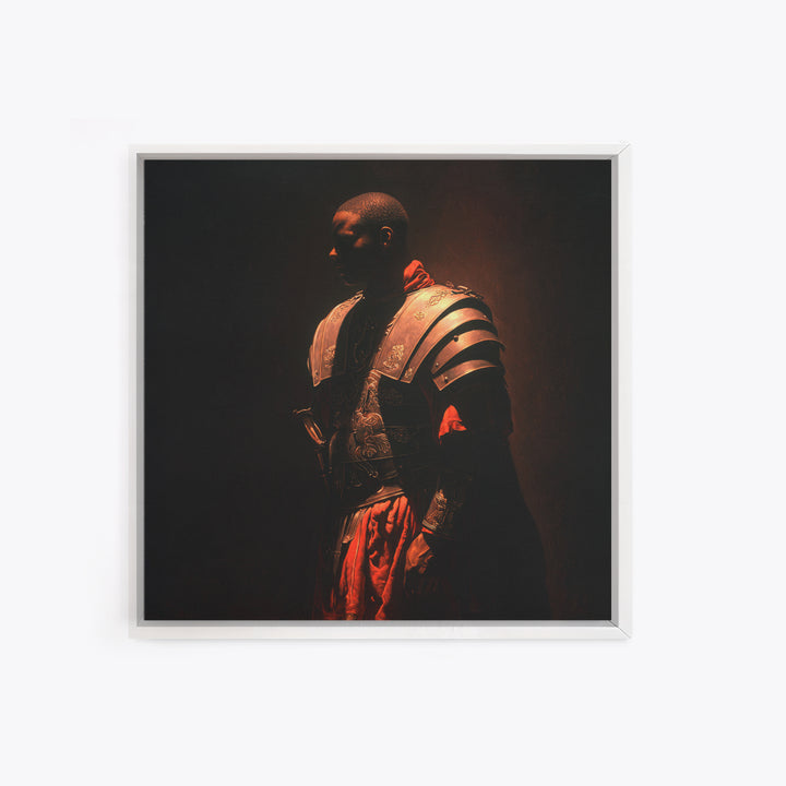 Black Knight In Ornate Armor Wall Art, Moody Warrior Portrait, Dark Academia Framed Canvas Print, Masculine Office Decor