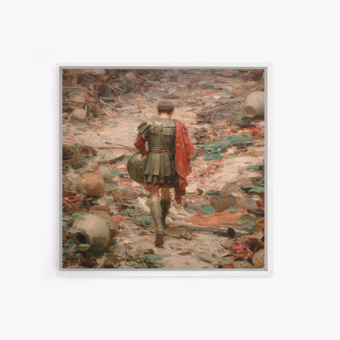 Roman Soldier In Ruined Battlefield Wall Art, Ancient Warrior Oil Painting, Classical History Decor, Dark Academia Gift Print