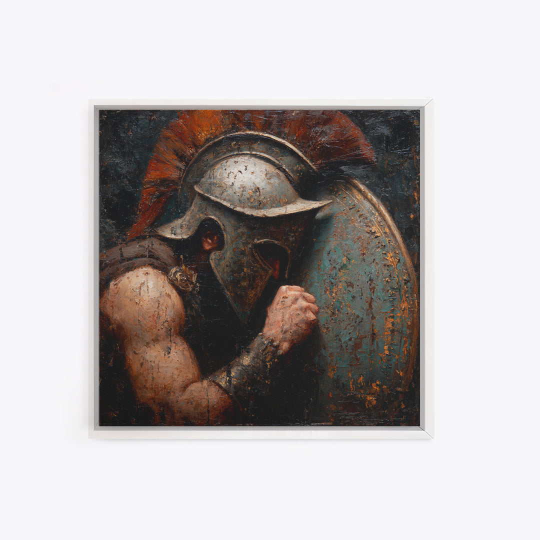 Dark Spartan Helmet And Shield Wall Art, Ancient Warrior Oil Painting, Greek Soldier Decor, Masculine Office, Gift For Him