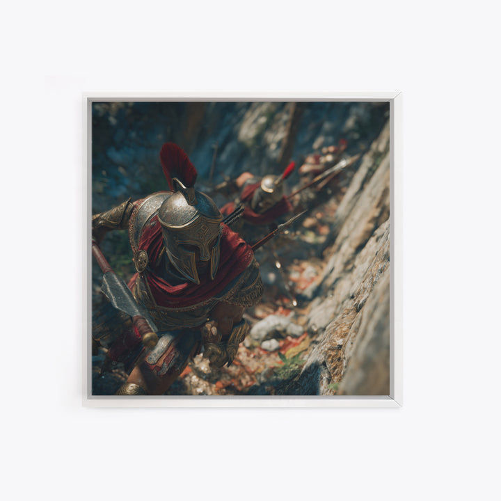 Spartan Warriors Climbing Rocky Pass Framed Canvas Print, Ancient Greek Wall Art, Roman Soldier Decor, History Gift, Fine Art