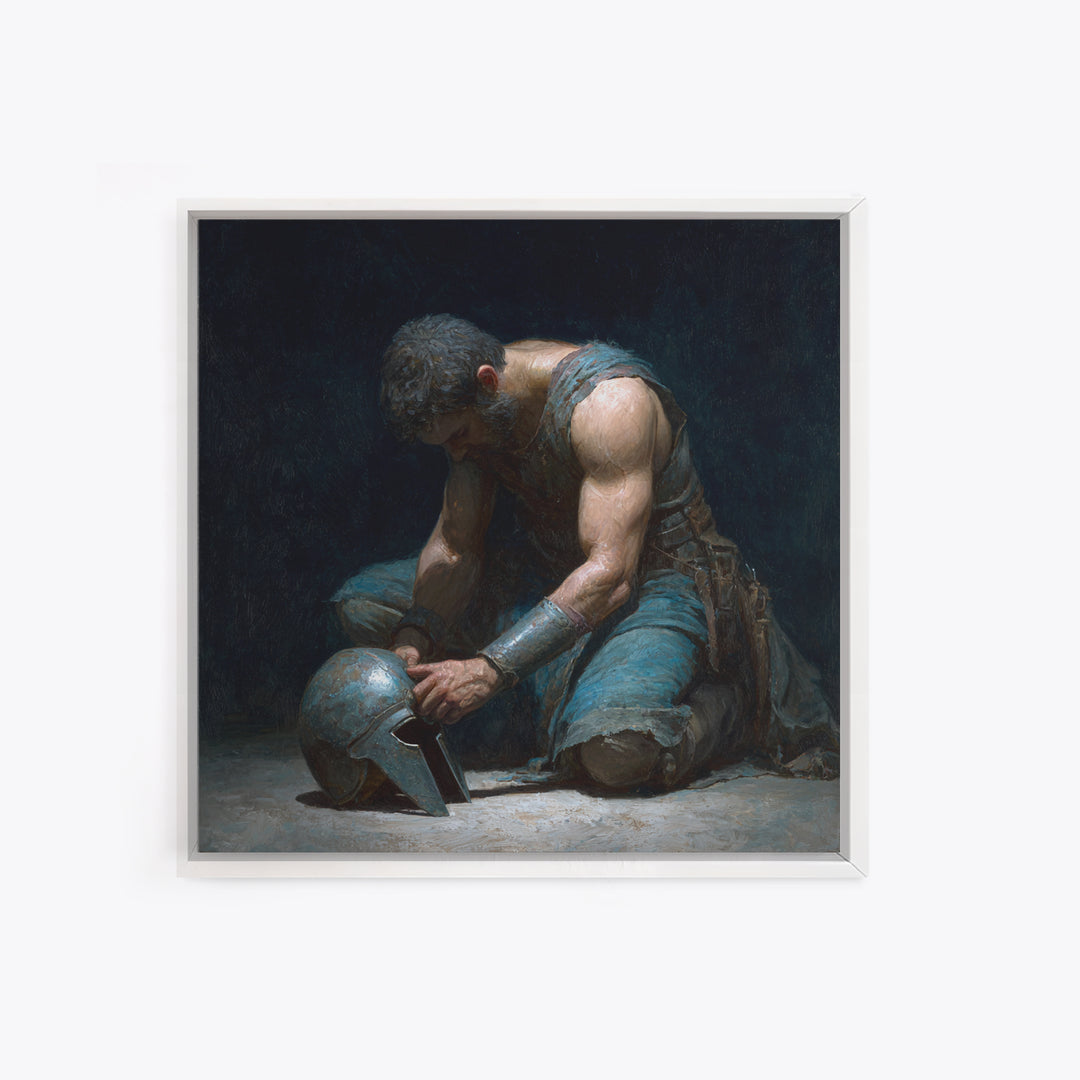 Kneeling Gladiator Holding Helmet Framed Canvas Print, Roman Warrior Oil Painting, Dark Masculine Wall Art For Office Decor