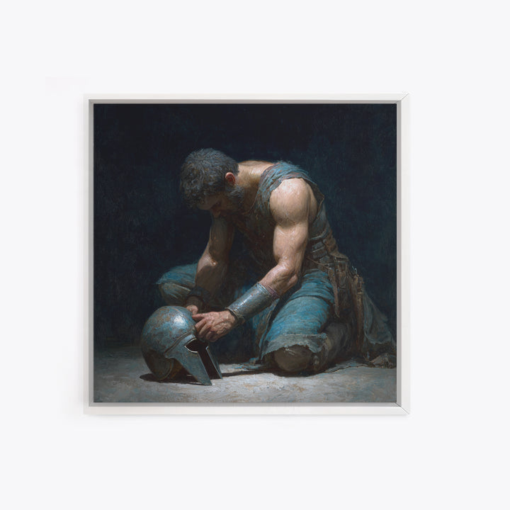 Kneeling Gladiator Holding Helmet Framed Canvas Print, Roman Warrior Oil Painting, Dark Masculine Wall Art For Office Decor