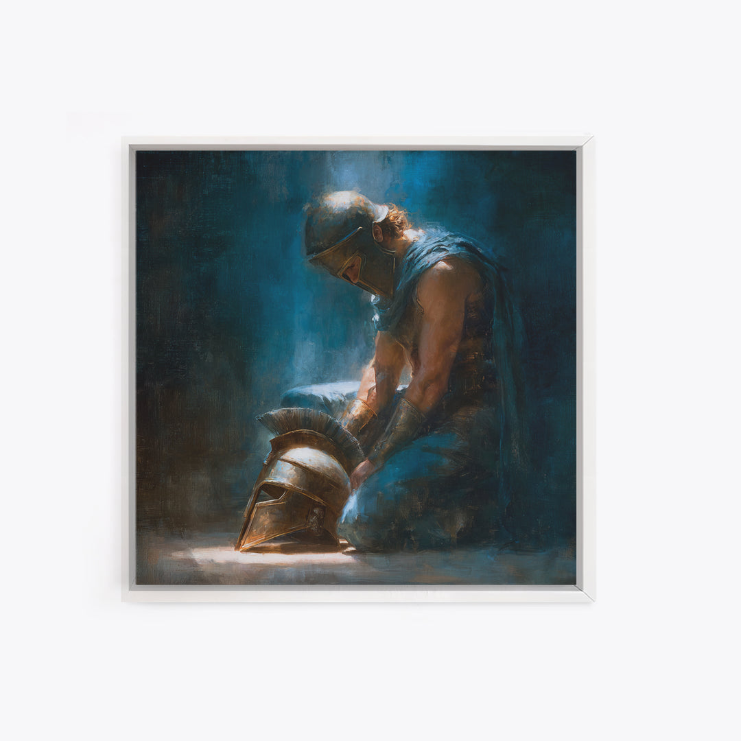 Kneeling Warrior With Bronze Helmet Framed Canvas Print, Dark Roman Oil Painting, Moody Masculine Office Wall Art Decor Gift