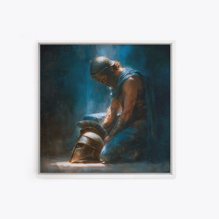 Kneeling Warrior With Bronze Helmet Framed Canvas Print, Dark Roman Oil Painting, Moody Masculine Office Wall Art Decor Gift