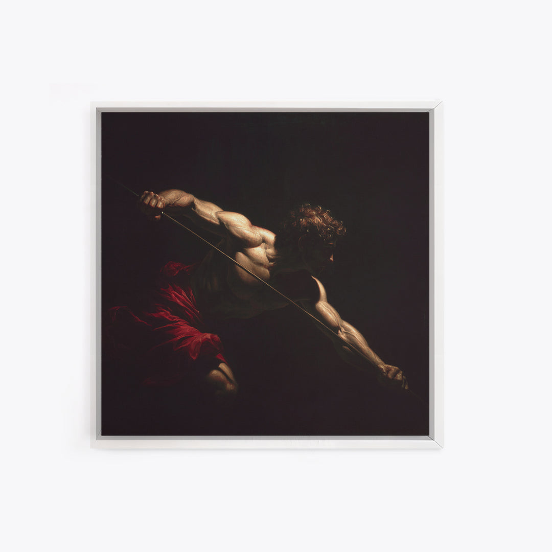 Muscular Archer In Dramatic Shadow, Baroque Framed Canvas Print, Classical Figure Wall Art, Dark Academia Decor, Gift For Him