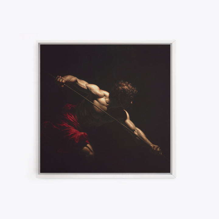 Muscular Archer In Dramatic Shadow, Baroque Framed Canvas Print, Classical Figure Wall Art, Dark Academia Decor, Gift For Him