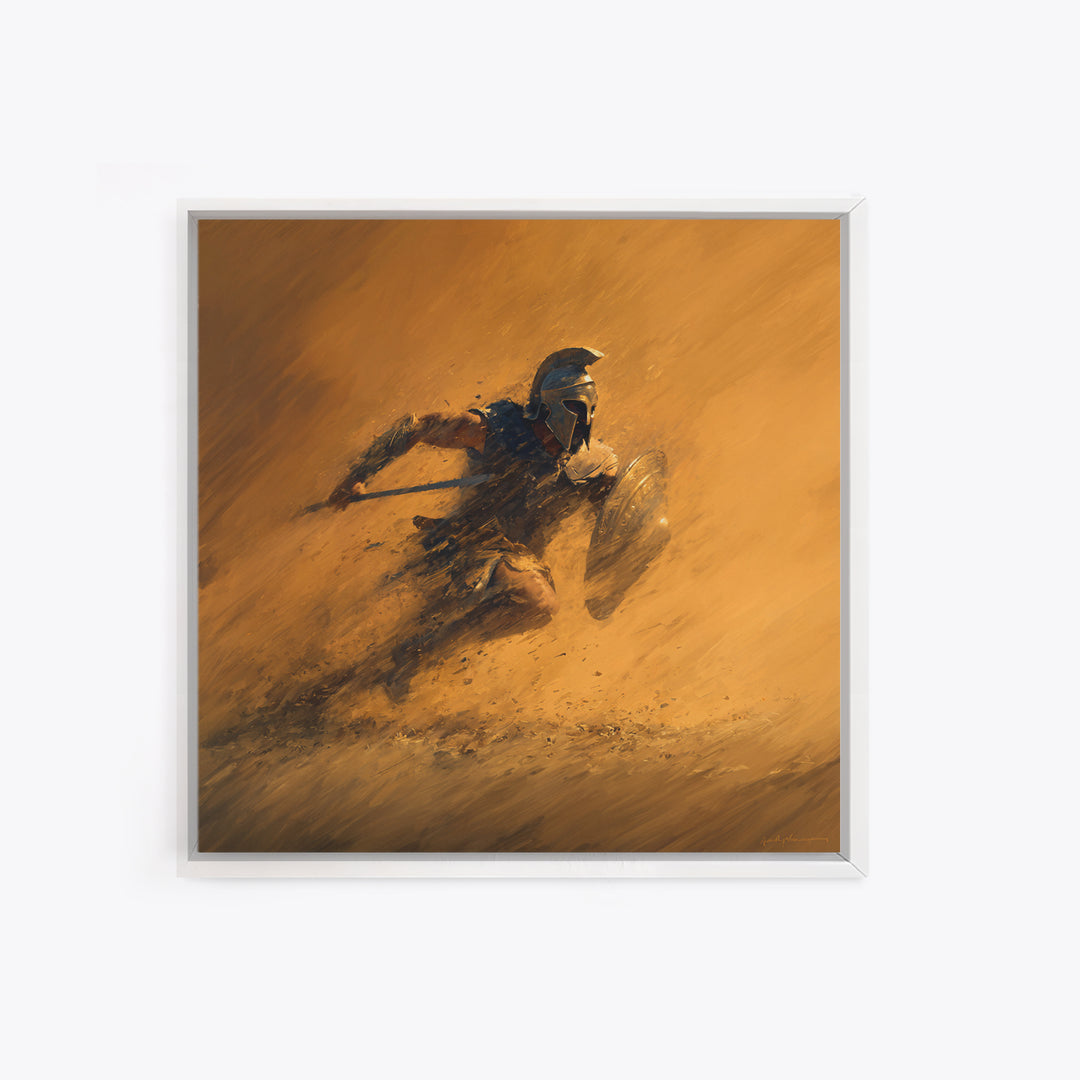 Spartan Warrior Charging Through Sandstorm Canvas Print, Greek Wall Art, Action Painting, Warm Orange Decor, Gift For Him