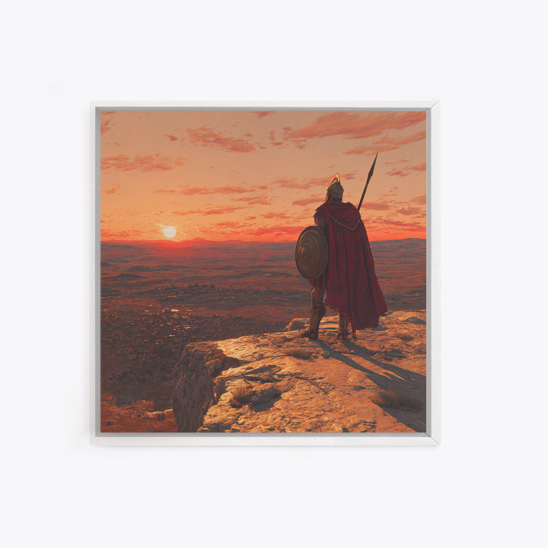 Ancient Warrior At Sunset Over Valley Canvas Print, Spartan Wall Art, Historical Landscape, Masculine Office Decor Gift Idea