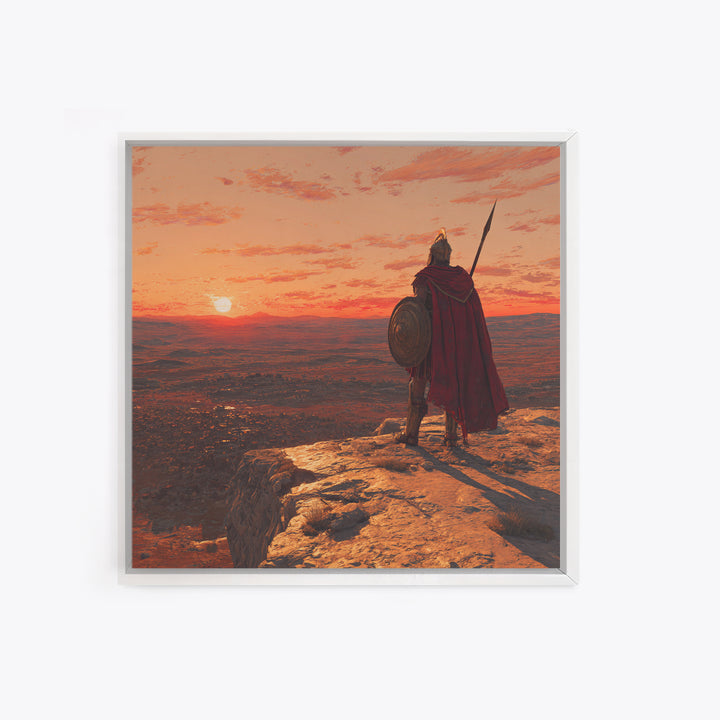 Ancient Warrior At Sunset Over Valley Canvas Print, Spartan Wall Art, Historical Landscape, Masculine Office Decor Gift Idea