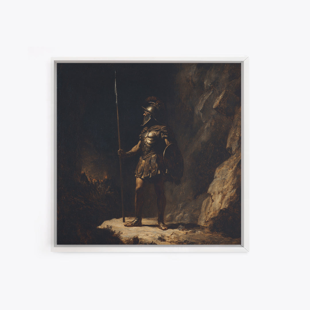 Ancient Spearman Guard In Dark Cave Canvas Print, Historical Classical Warrior Art, Moody Wall Decor, Masculine Office Decor