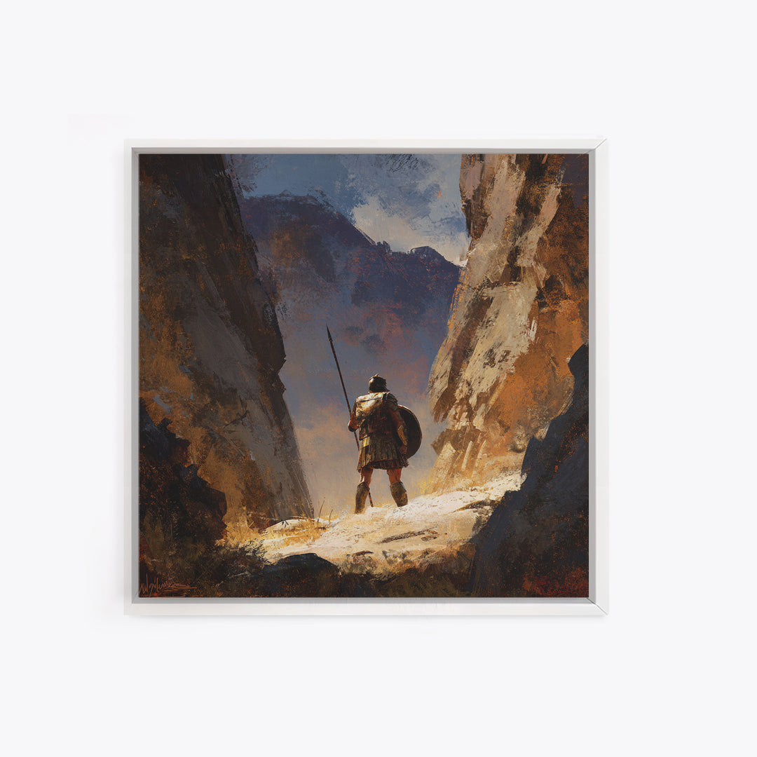 Solitary Spear Warrior In Sunlit Canyon Canvas Print, Ancient Greek Art, Southwestern Wall Art, Rustic Home Decor, Gift For Him