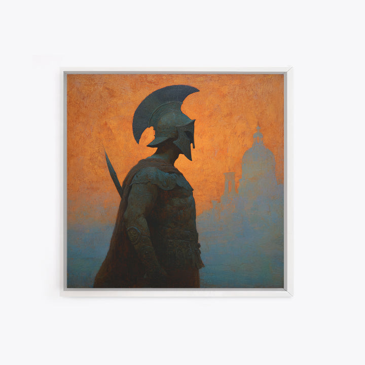 Spartan Warrior Silhouette Canvas Print, Orange Ancient Cityscape, Greek Mythology Wall Art, Classical History Home Decor