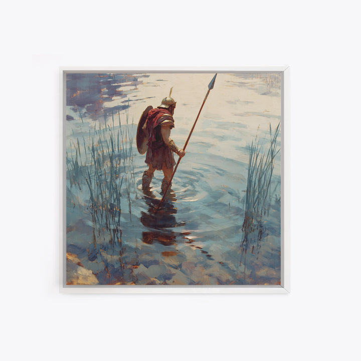 Solitary Warrior Wading Through Water Wall Art, Roman Spearman Landscape, Coastal Blue Canvas Print For Living Room Decor