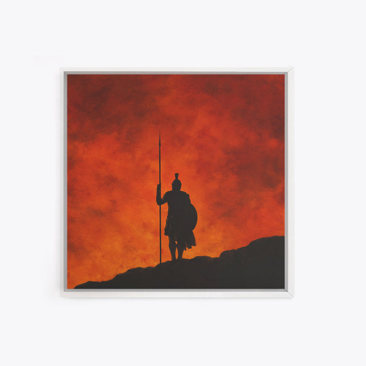 Spartan Silhouette With Spear At Red Sunset Framed Canvas Print, Greek Wall Art, Mythological Art, Dramatic Wall Decor, Gift For Him