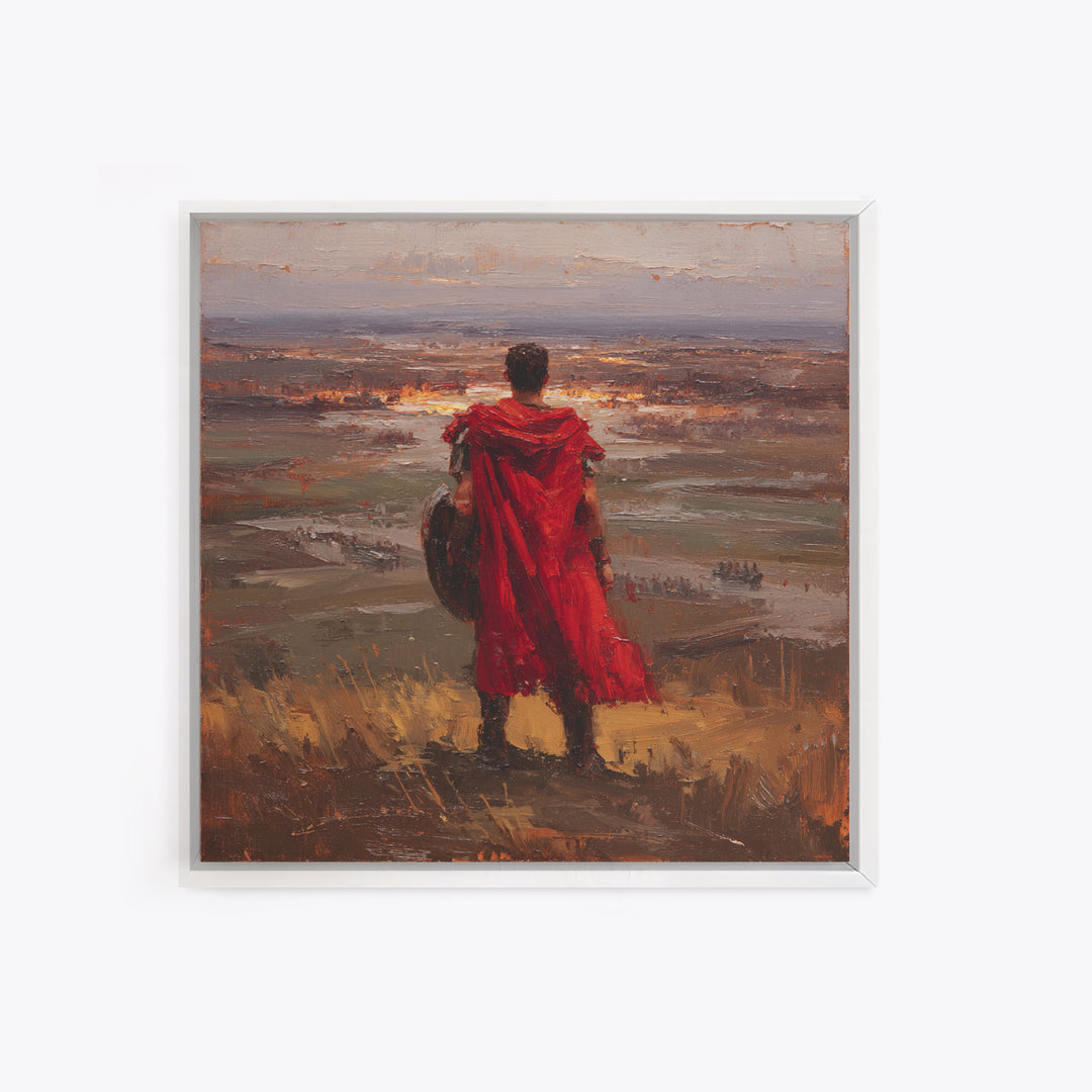 Roman Warrior In Red Cloak Wall Art, Epic Battlefield Oil Painting, Ancient History Decor, Masculine Office Art Print Gift