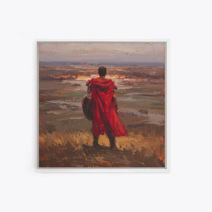 Roman Warrior In Red Cloak Wall Art, Epic Battlefield Oil Painting, Ancient History Decor, Masculine Office Art Print Gift